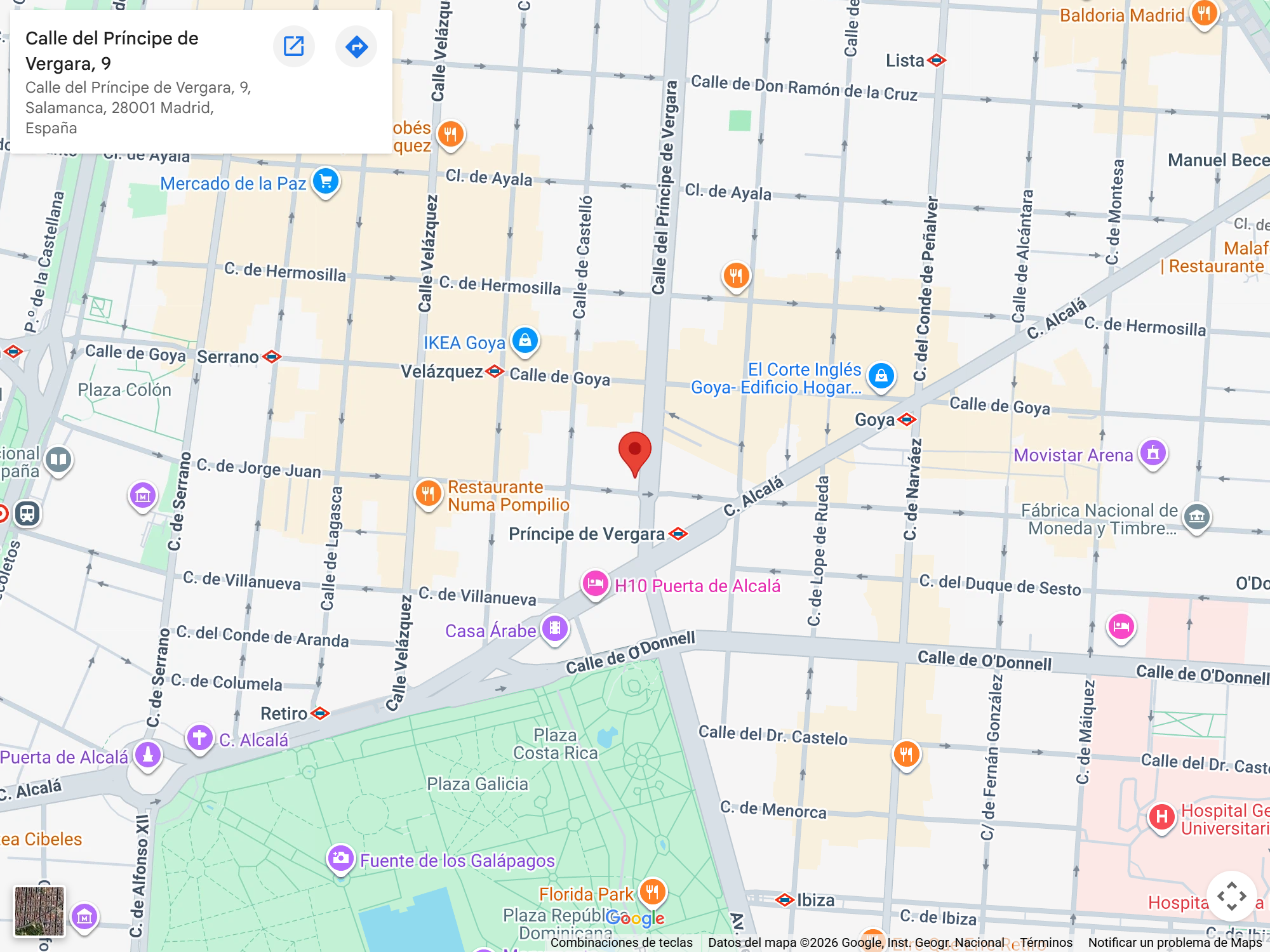Mapa de la ubicación de Denarius en la calle del Príncipe de Vergara, 9, Madrid